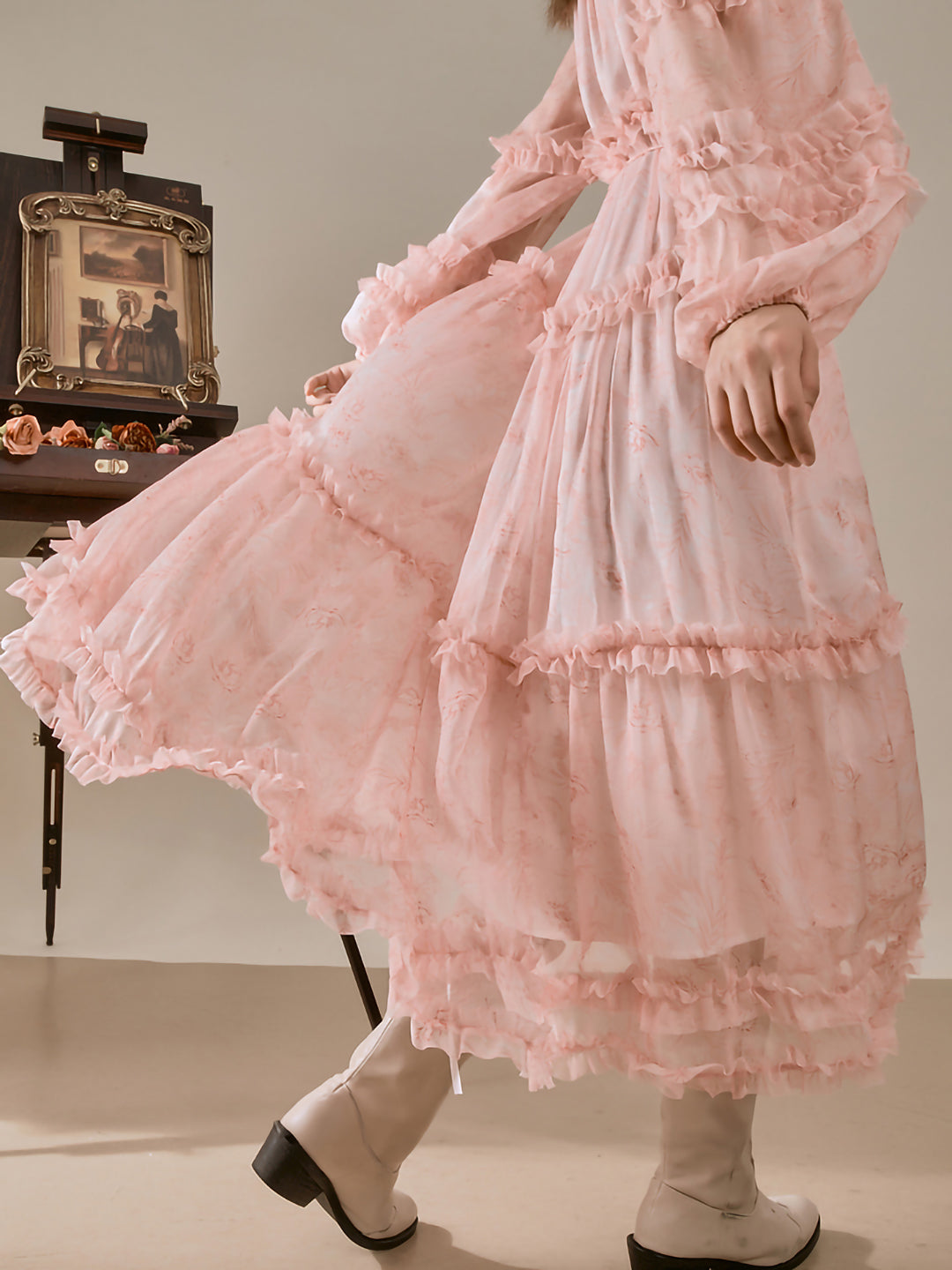 ピンクシフォン×フリル Aラインワンピース – Jasmine