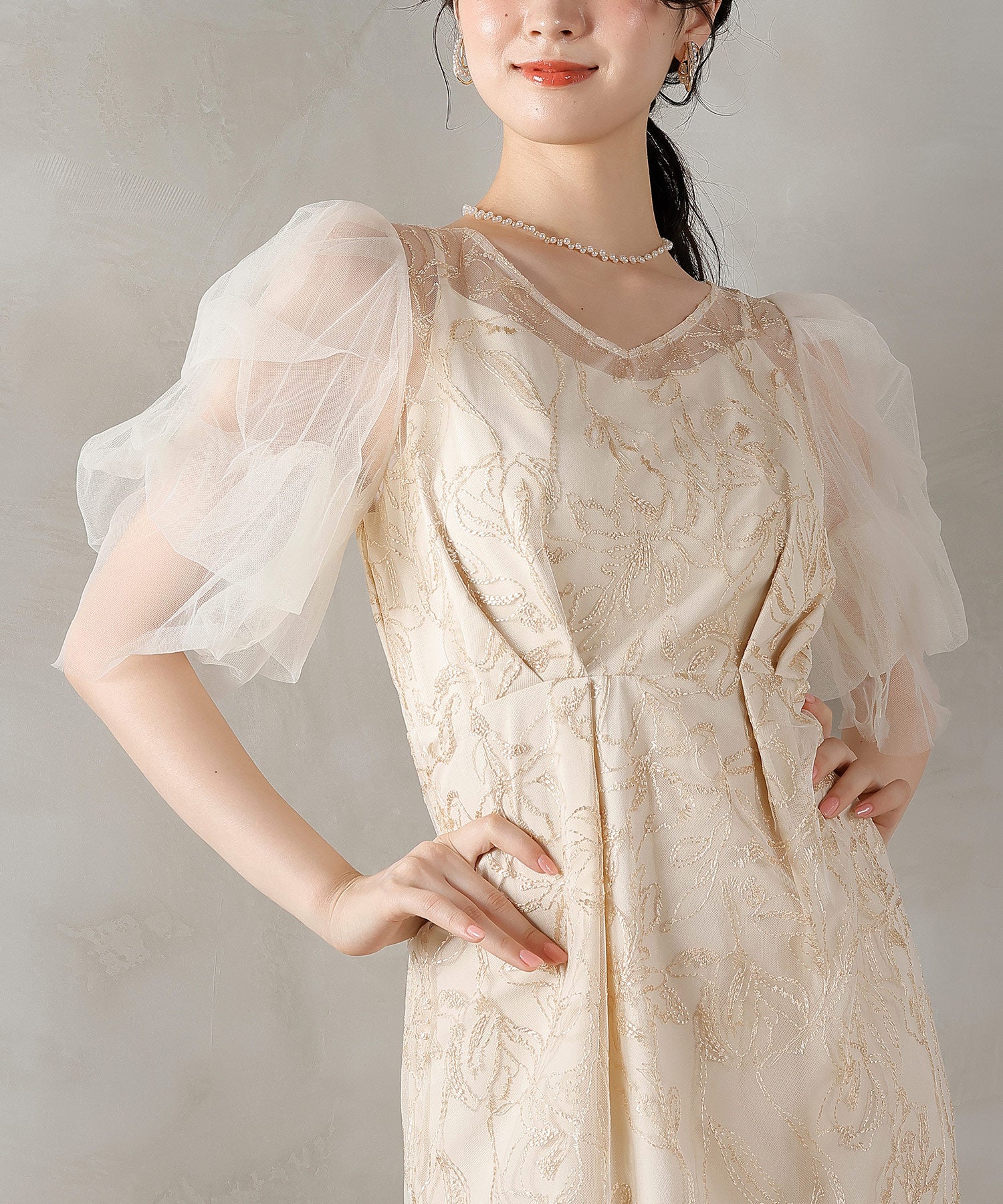 刺繍レース チュールスリーブ パーティードレス