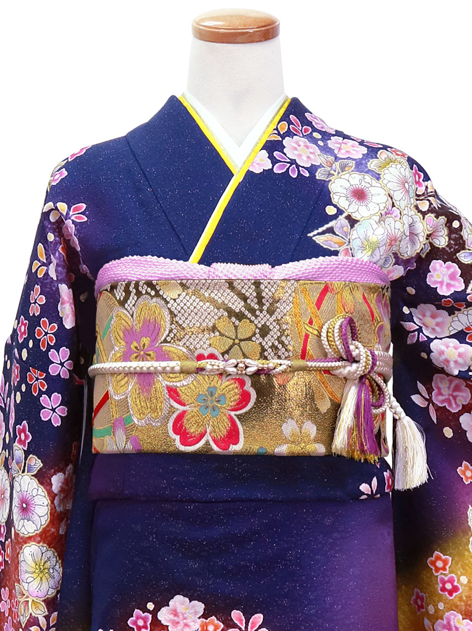 紺と紫地に辻が花調の振袖／Queenサイズ | 宅配着物レンタルの京都かし