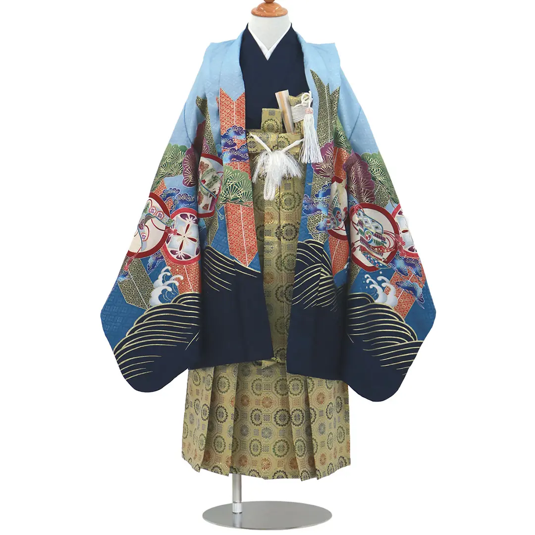 水色地に鷹と矢羽、金襴の袴／七五三・五歳男の子・袴 | 宅配着物