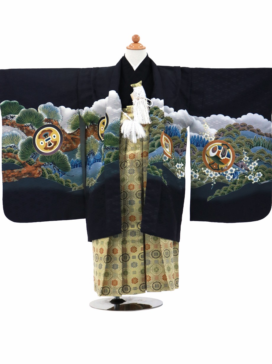 黒地に鷹と富士山、金襴の袴／七五三・五歳男の子・袴 | 宅配着物