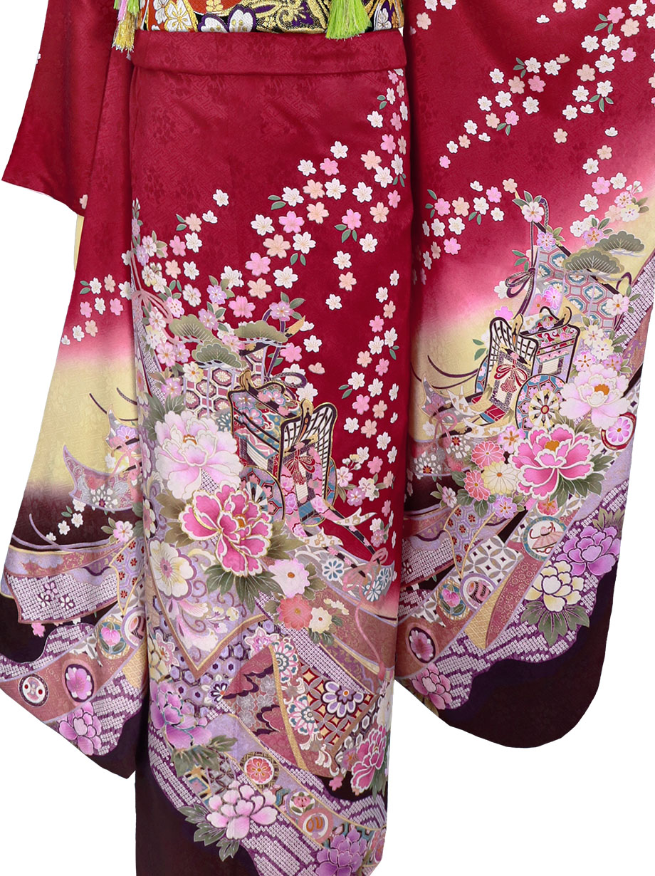 赤色地に桜・御所車の振袖／標準サイズ | 宅配着物レンタルの京都かし