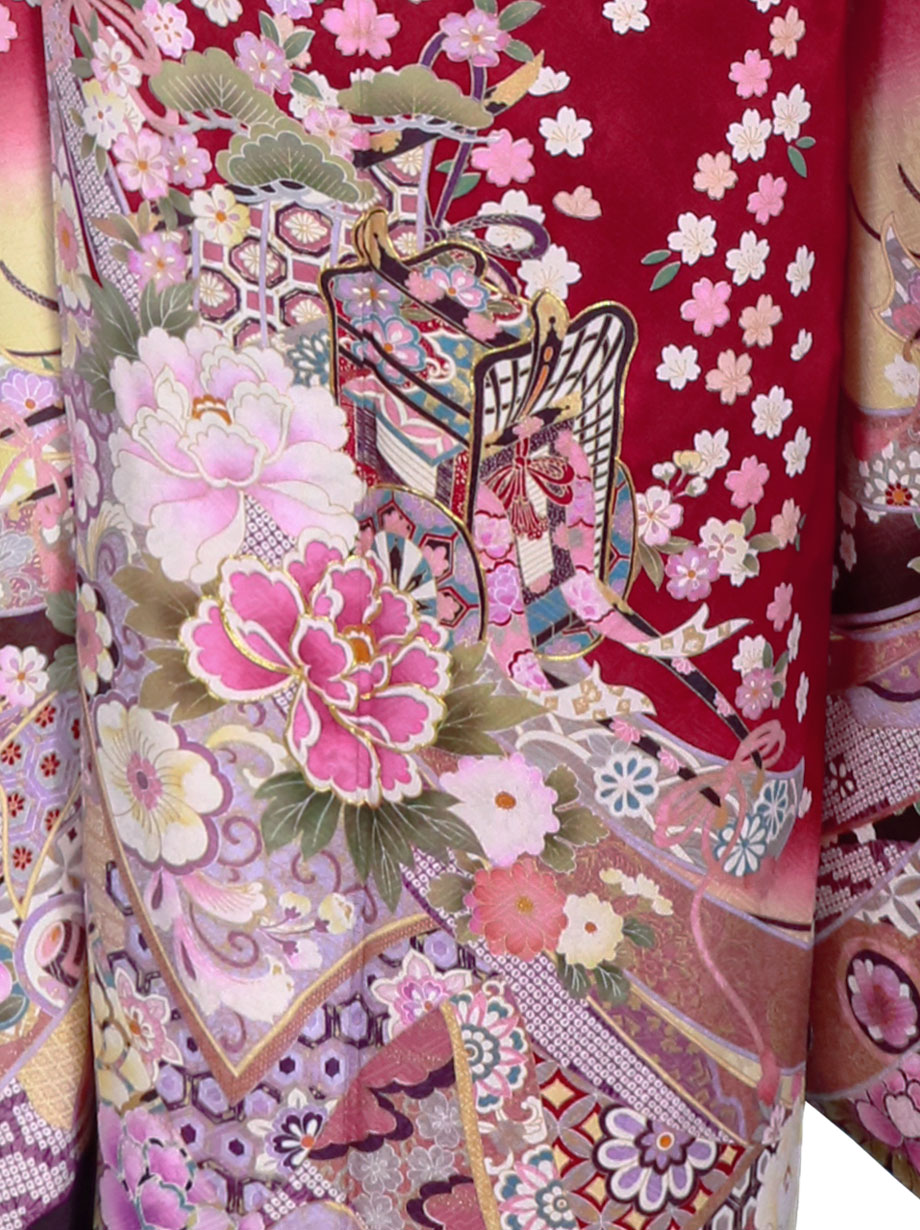 赤色地に桜・御所車の振袖／標準サイズ | 宅配着物レンタルの京都かし
