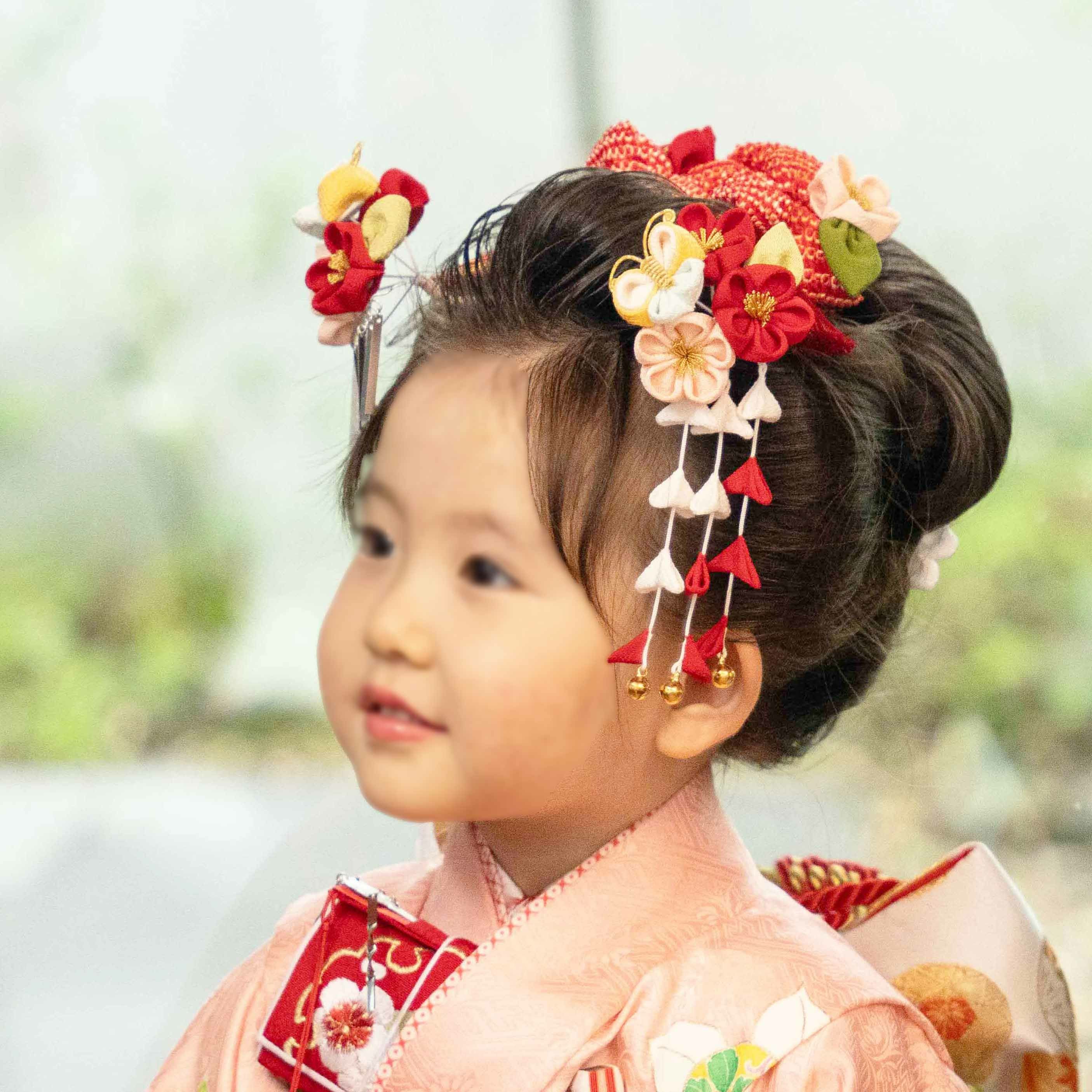 七五三用髪飾り 蝶付き梅三輪かんざしセット（ビラ・下がり） | かづら