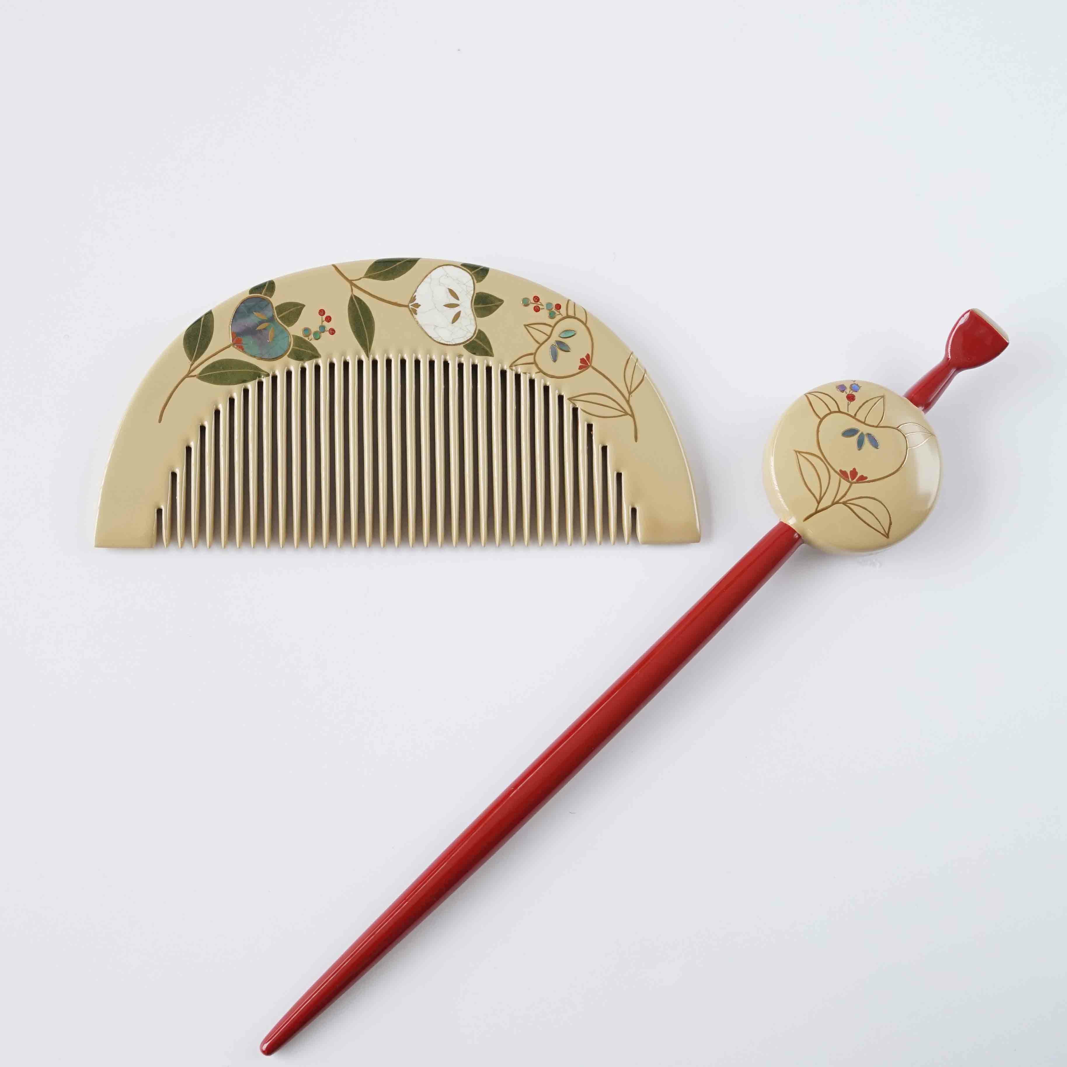 本漆純金蒔絵螺鈿かんざし 櫛・平打ちセット 白漆 梅文様 | かづら清