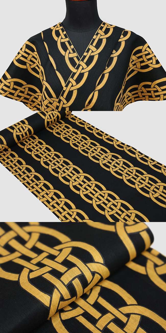 誉田屋源兵衛 浴衣(ゆかた) 綿麻 連鎖 黒×金茶 ◇男女兼用◇