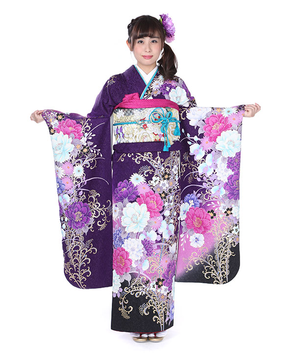 振袖レンタル｜紫に洋風花｜F0046｜M｜宅配着物レンタル・一式フル