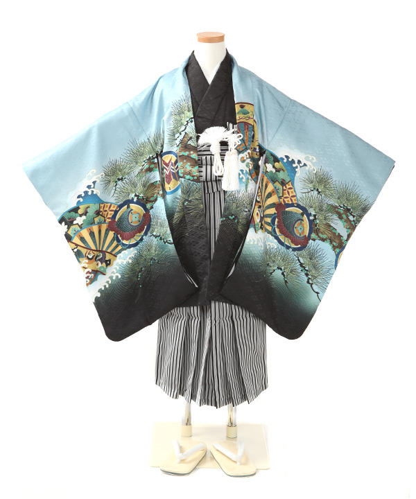 七五三(五歳男の子)着物レンタル｜兜に波頭柄羽織 紺着物×紺縞袴｜W-B