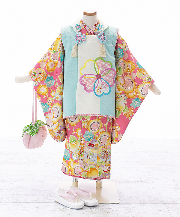 七五三(三歳女の子)着物レンタル｜【乙葉】ピンク着物×水色被布｜W-G-3