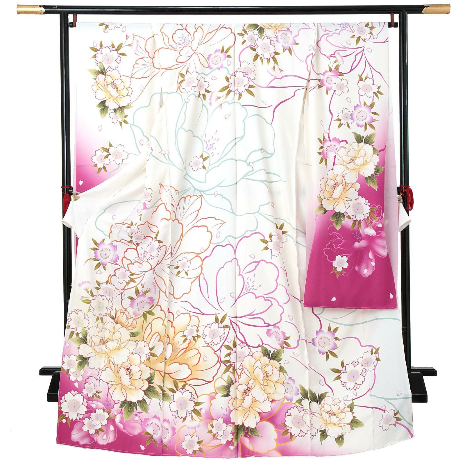 卒業式応援Point10倍 3/5迄)未仕立て 振袖 単品 「白 牡丹に桜」 仮絵