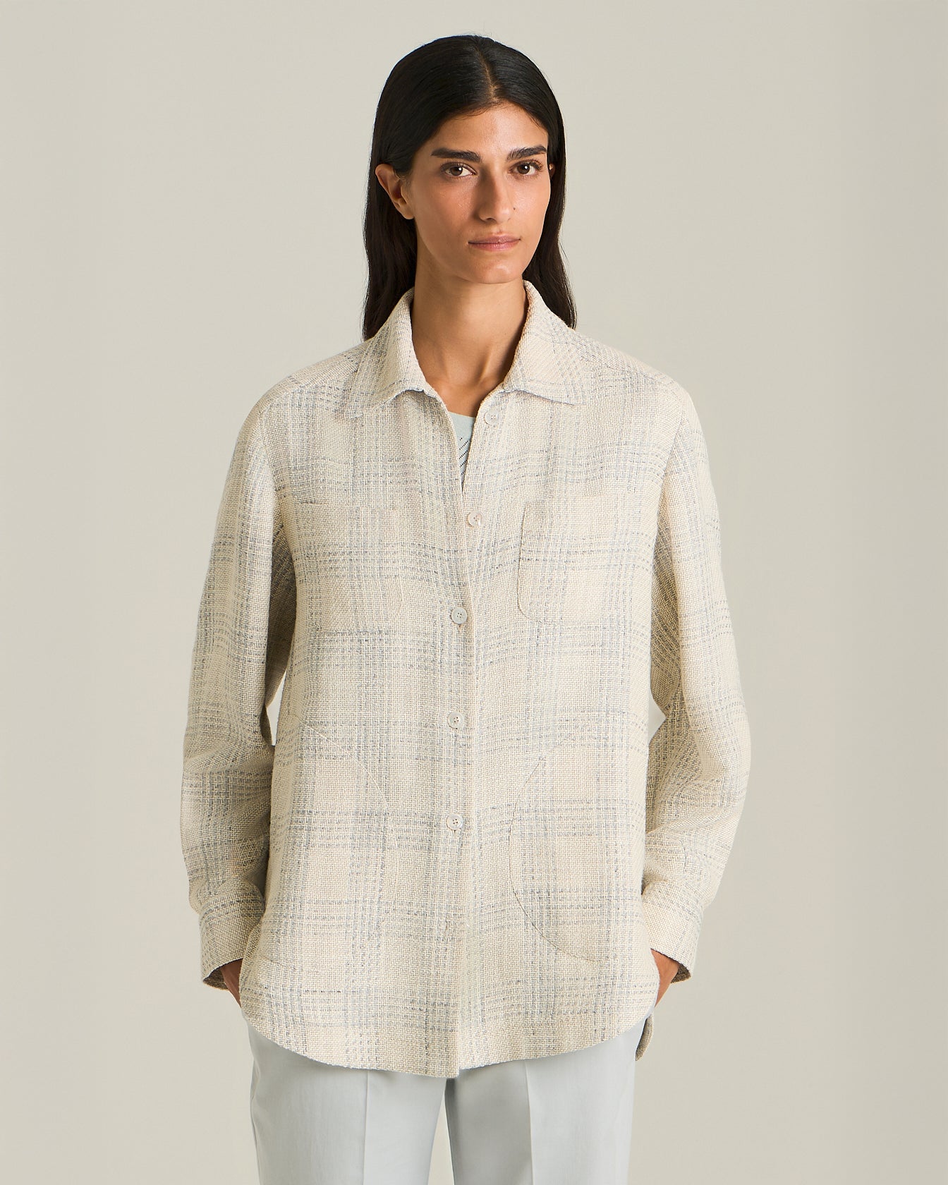 Women's cream checked overshirt in silk and linen blend | Kiton
