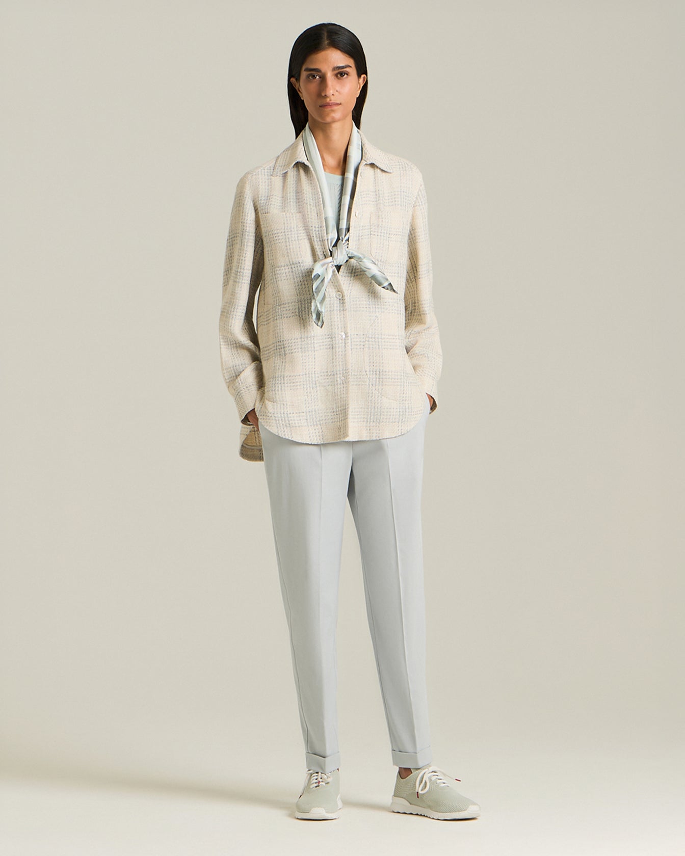 Women's cream checked overshirt in silk and linen blend | Kiton