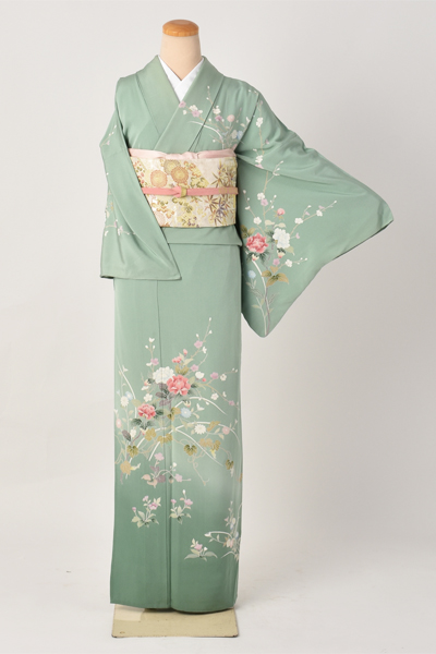 単衣訪問着[若竹色地・草花柄]｜着物レンタルあき (来店着付け無料