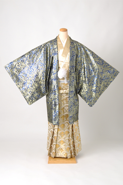 個性派！男物袴セット[青金花柄羽織]｜着物レンタルあき (来店着付け