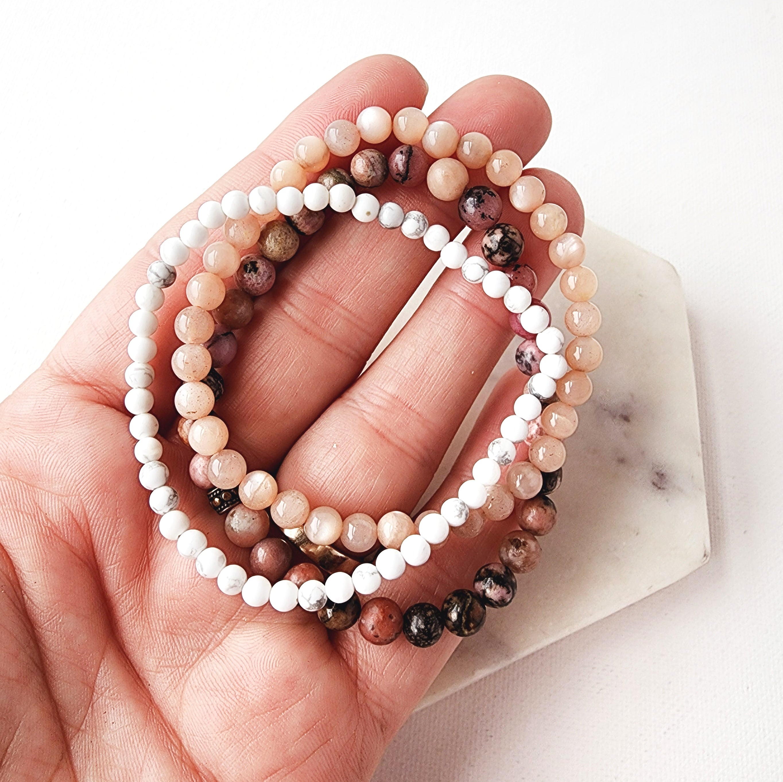 CANCER zodiac sign bracelet set - Rhodonite, Peach Moonstone