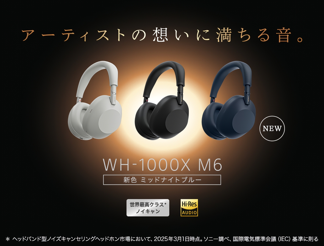 ソニーフラグシップヘッドホン「WH-1000XM6」に新色”ミッドナイト