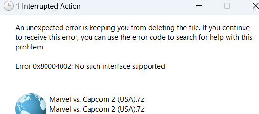 Error 0x80004002: No Such Interface Supported when deleting a file