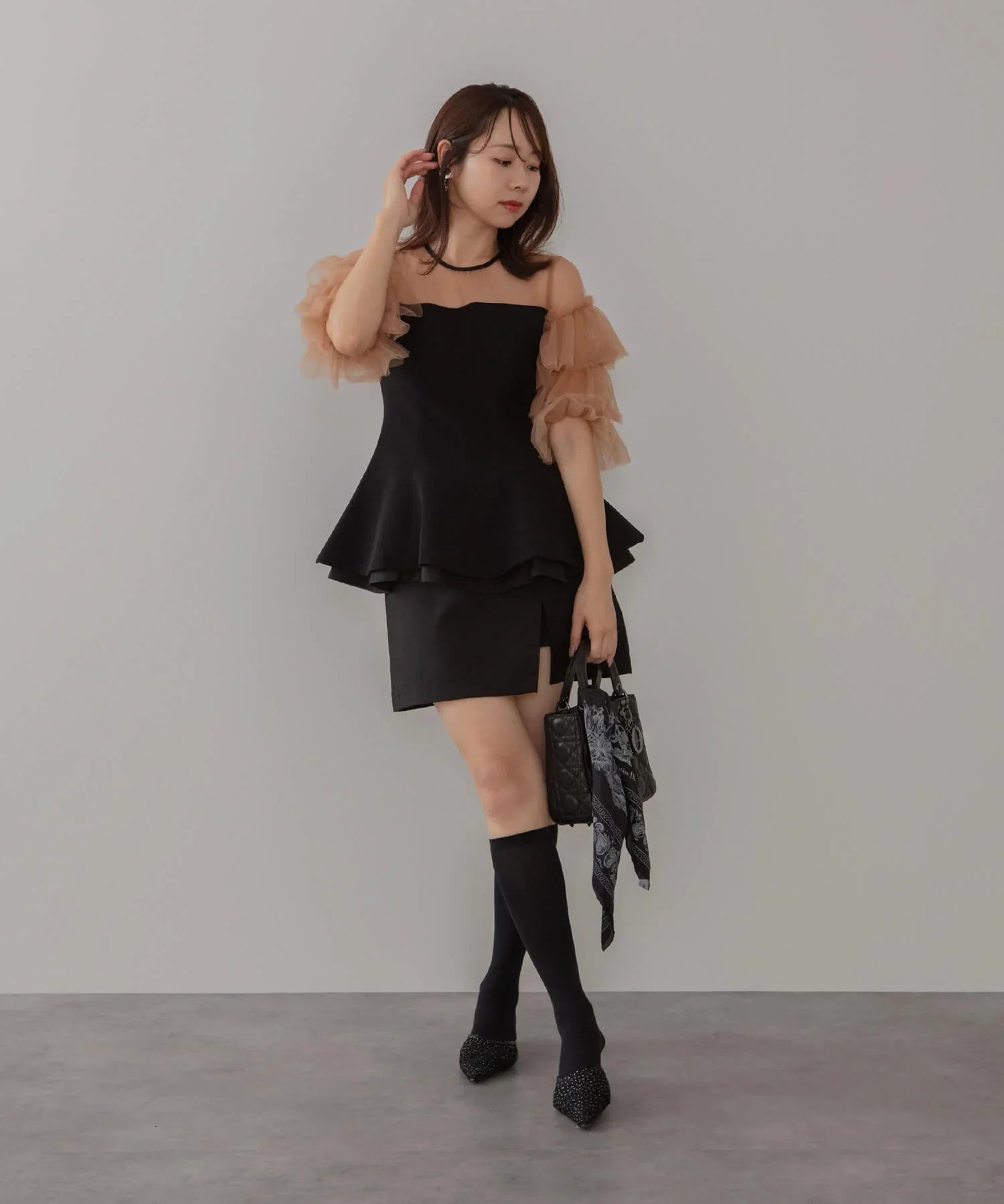 当日発送】チュールスリーブペプラムセットアップパンツドレス