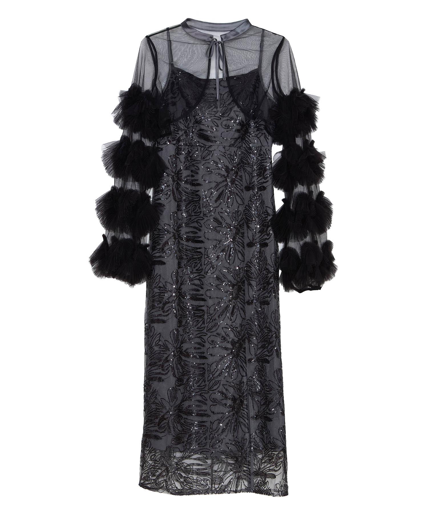 一部当日発送】フリルチュールスリーブリボンIラインワンピースドレス