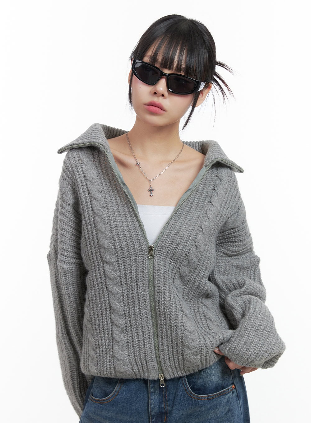 Oversized Cable Knit Zip-Up Sweater OS410 - Korean Women's Fashion