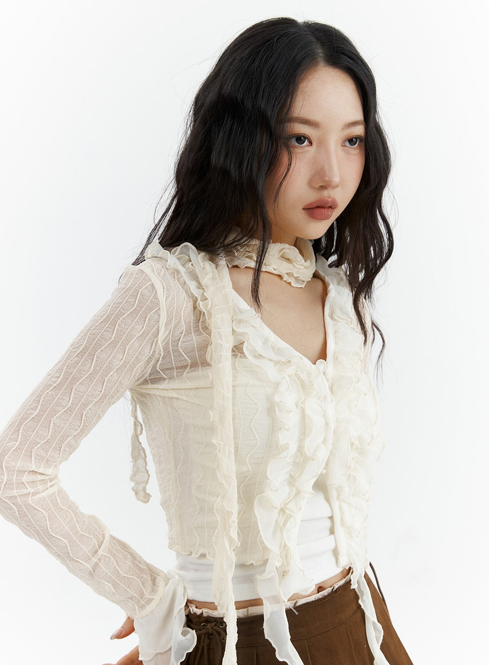 Ruffled Tie Front Cardigan CJ425 - Korean Women's Fashion | LEWKIN