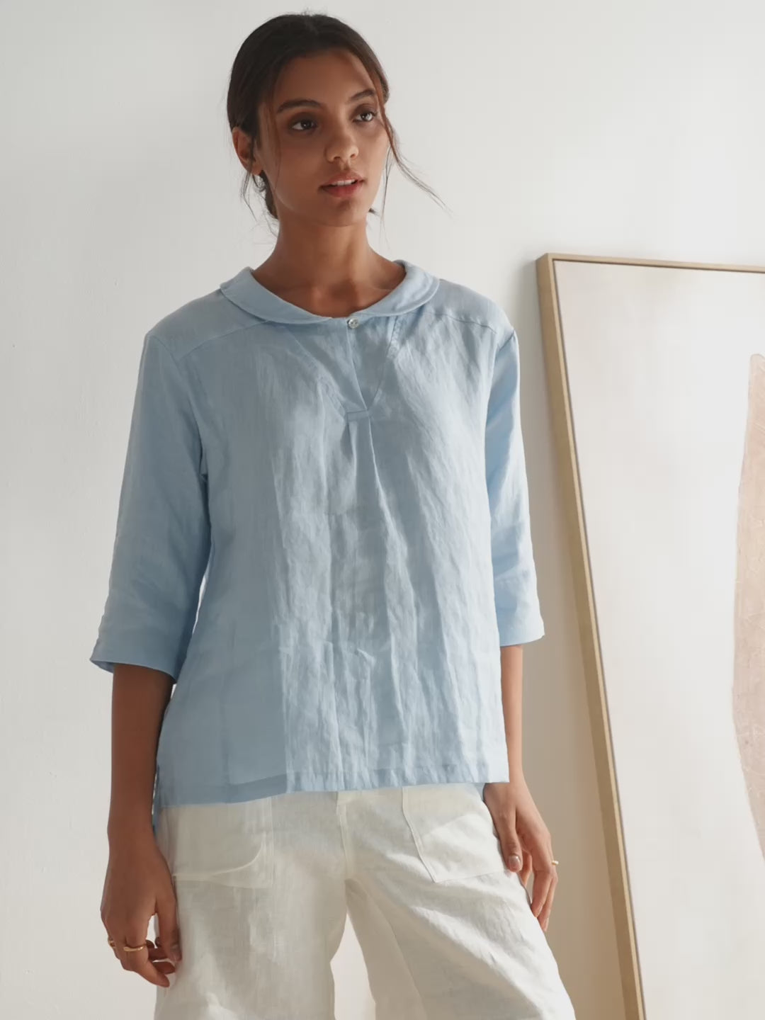 100% Linen Shawl V-Neck Half Sleeve Top JADE – LINTICO