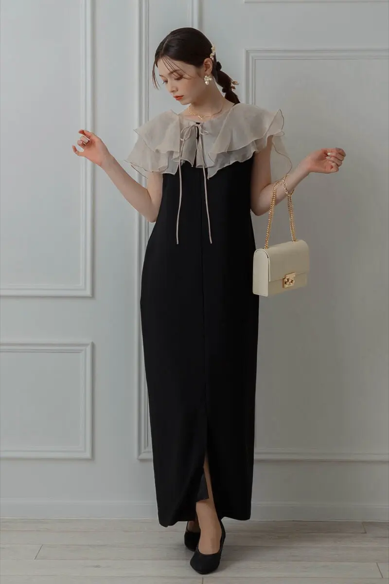 ベージュブラックのグロッシーラッフル付きドレス | ANDRESD | M