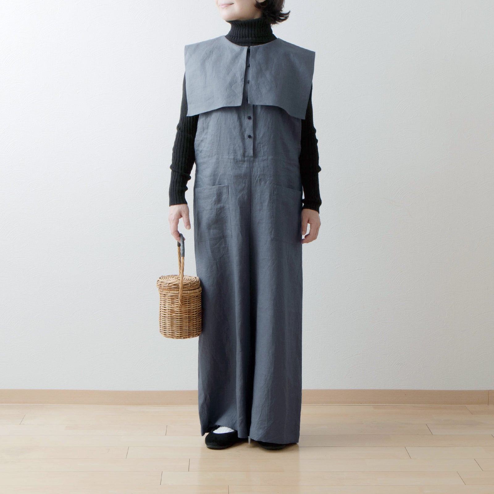 スクエア衿付きリネンオールインワン/グレー – liplne