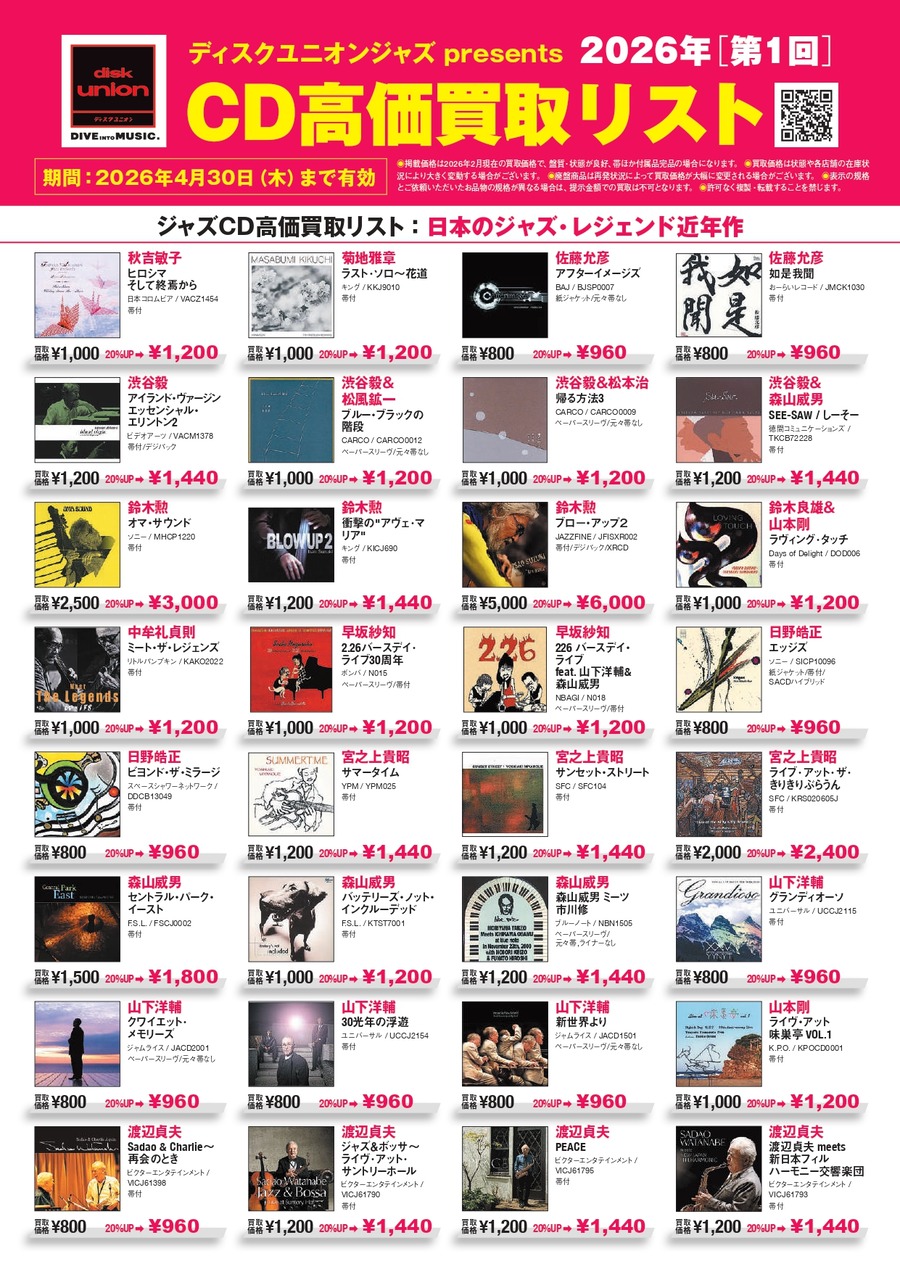 JAZZ】ディスクユニオン presents 2026年第1回CD高価買取リスト