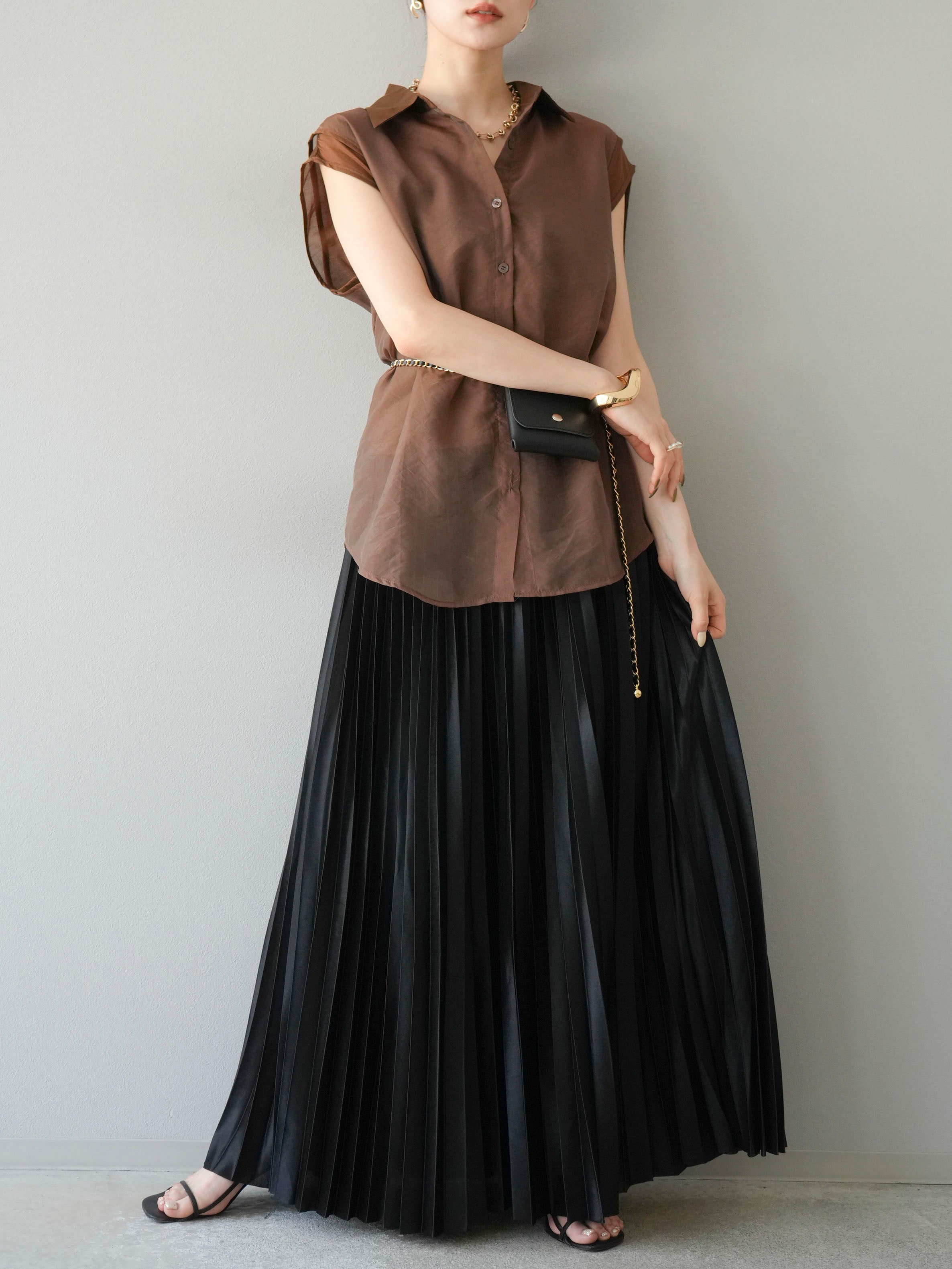 SET]オーガンジーレイヤードシアーシャツ+サテンプリーツマキシ