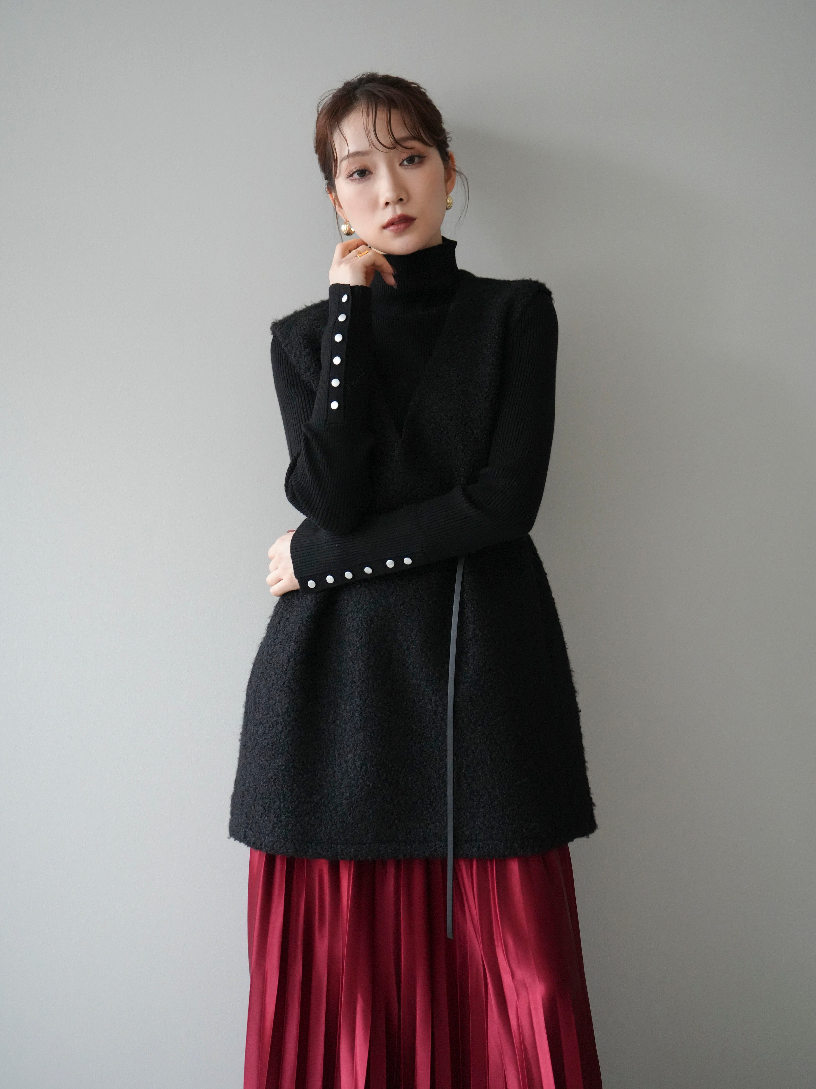 SET]ミックスループヤーンニットミニワンピース+袖ボタンボトルネック