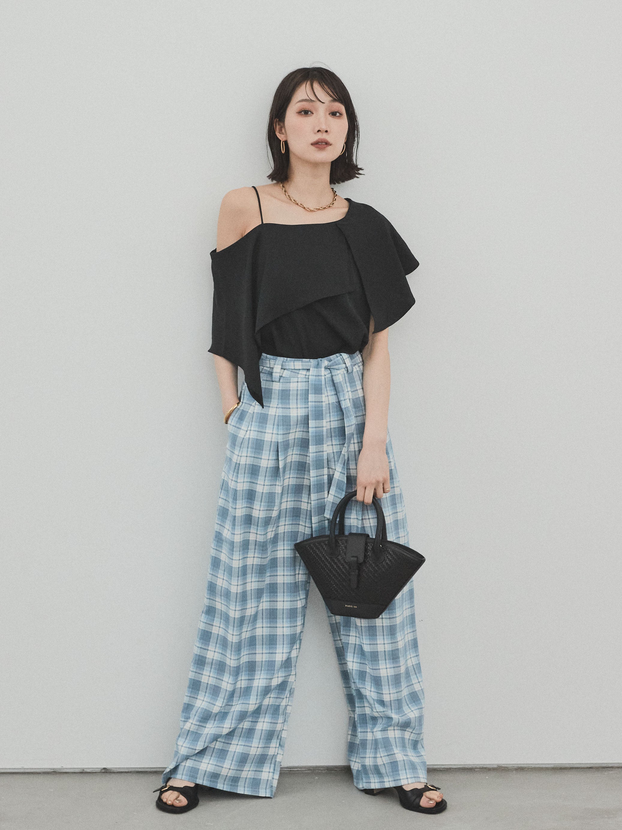 予約]チェック柄ワイドパンツ/ブルー – Lumier