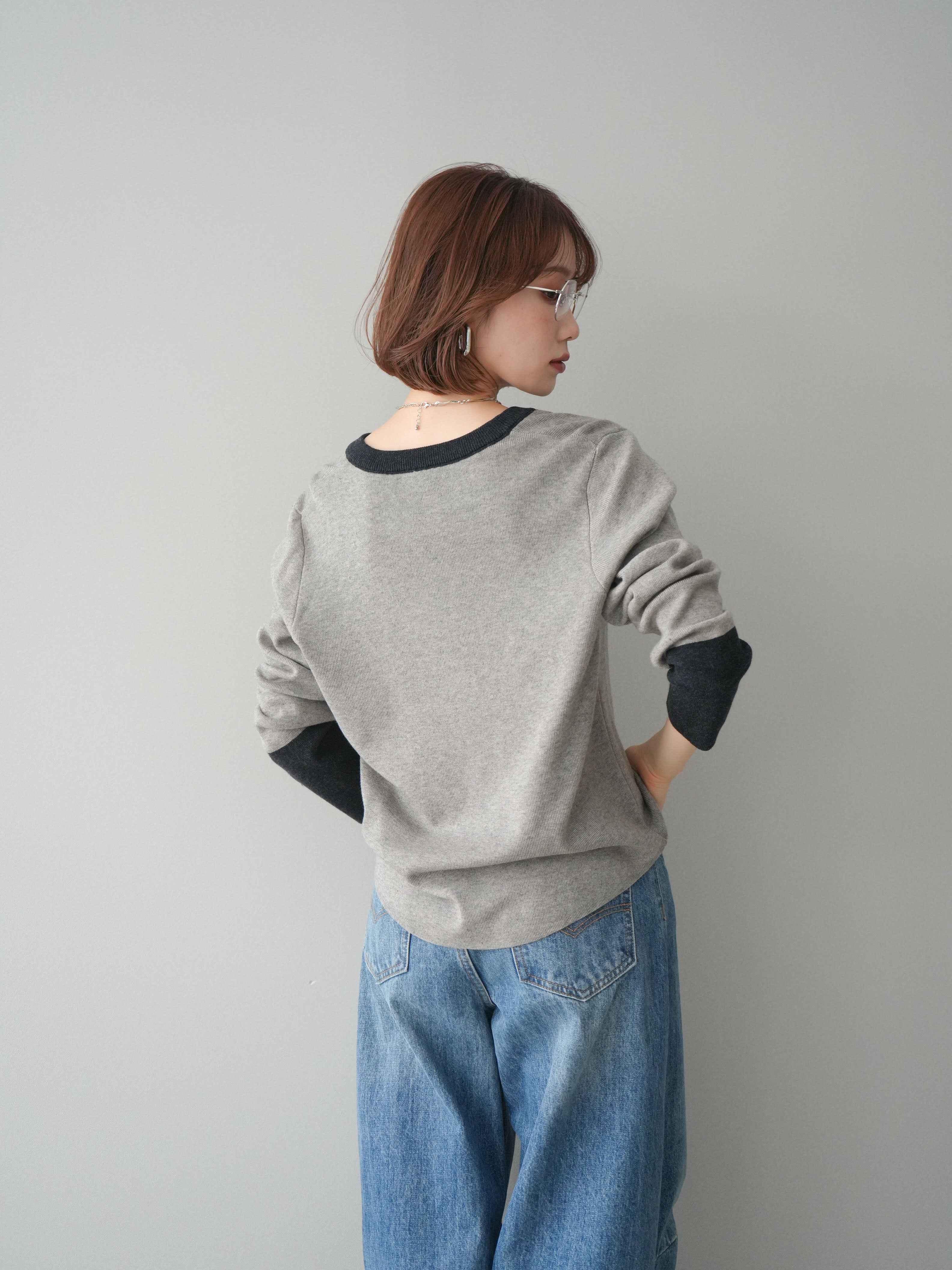 SET]ヘンリーネック配色ニットソー+ベルト付3Dカーブワイドデニム