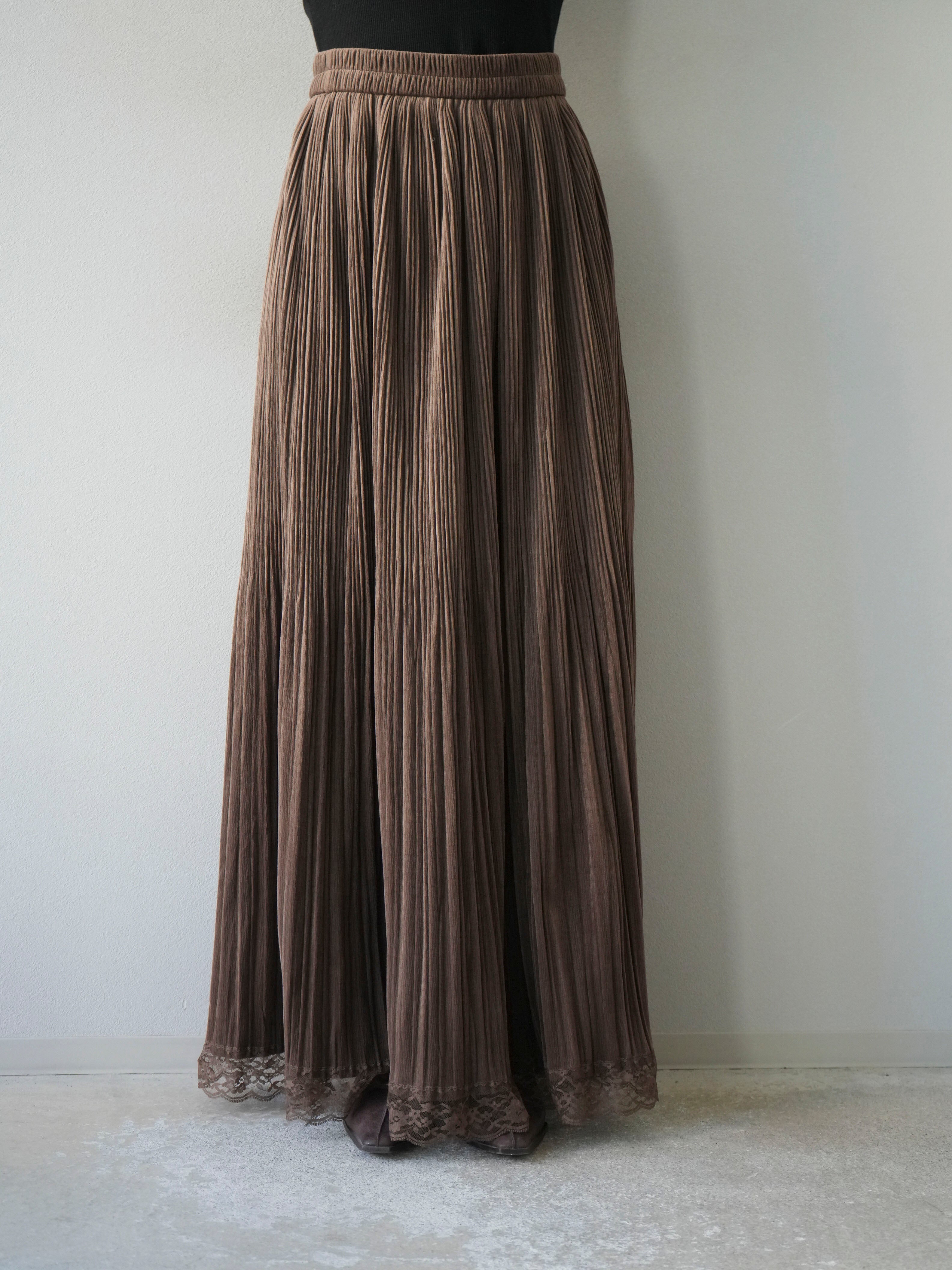予約]裾レーススウェードプリーツマキシスカート/ブラウン – Lumier