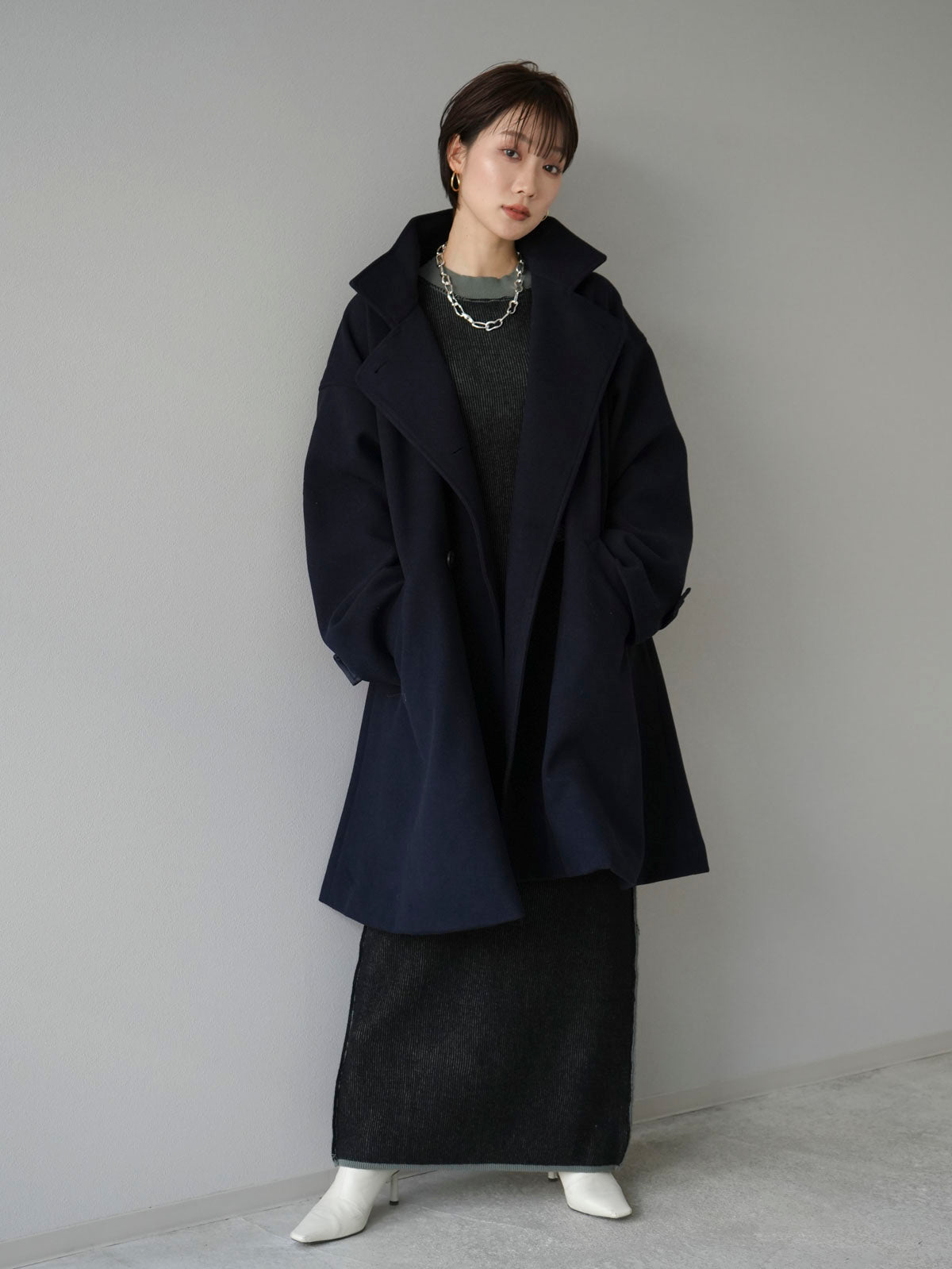 予約]ウールタッチフレアミドルコート/ネイビー – Lumier
