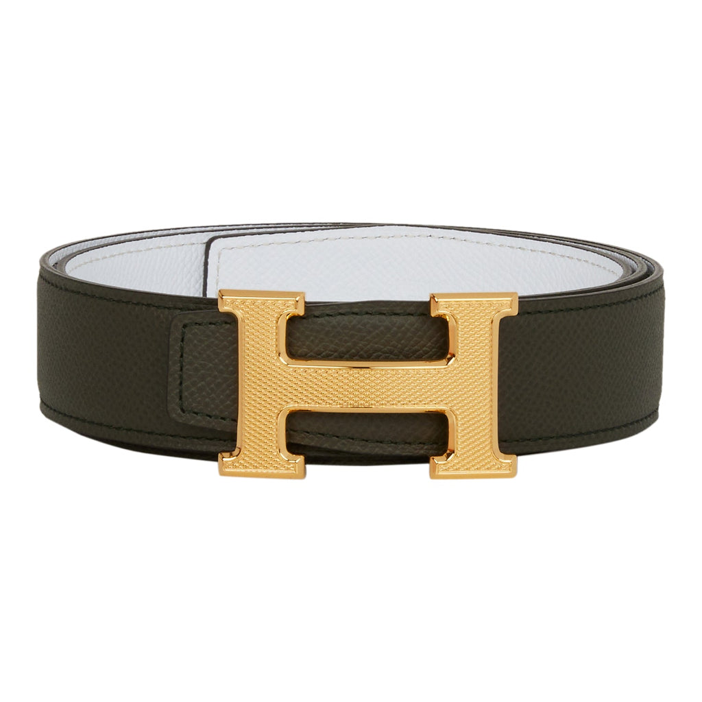 Hermes 32mm Reversible Vert de Gris/White Constance H Belt 85cm Guillo