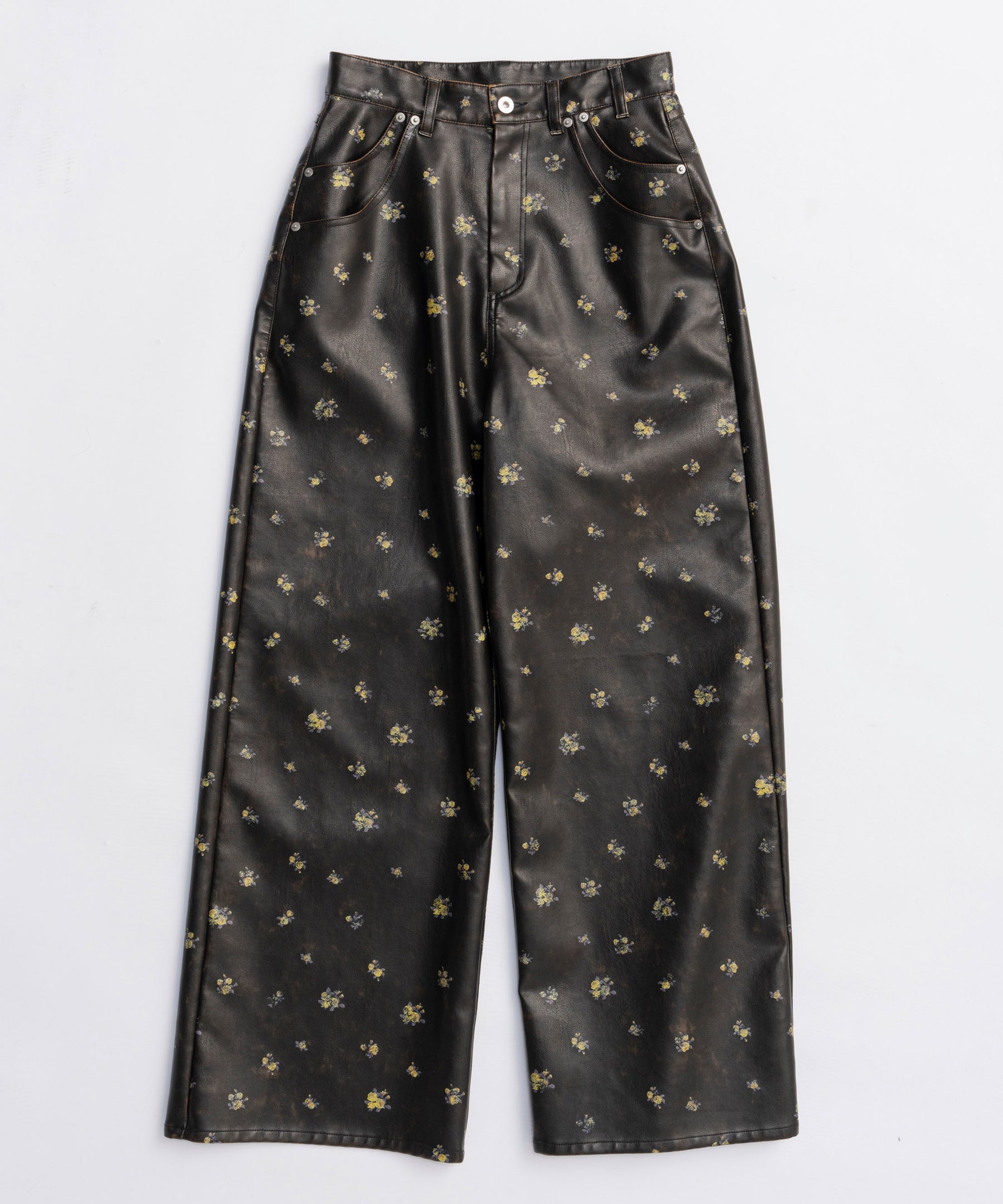 SALE】Vegan Leather Flower Print Pants