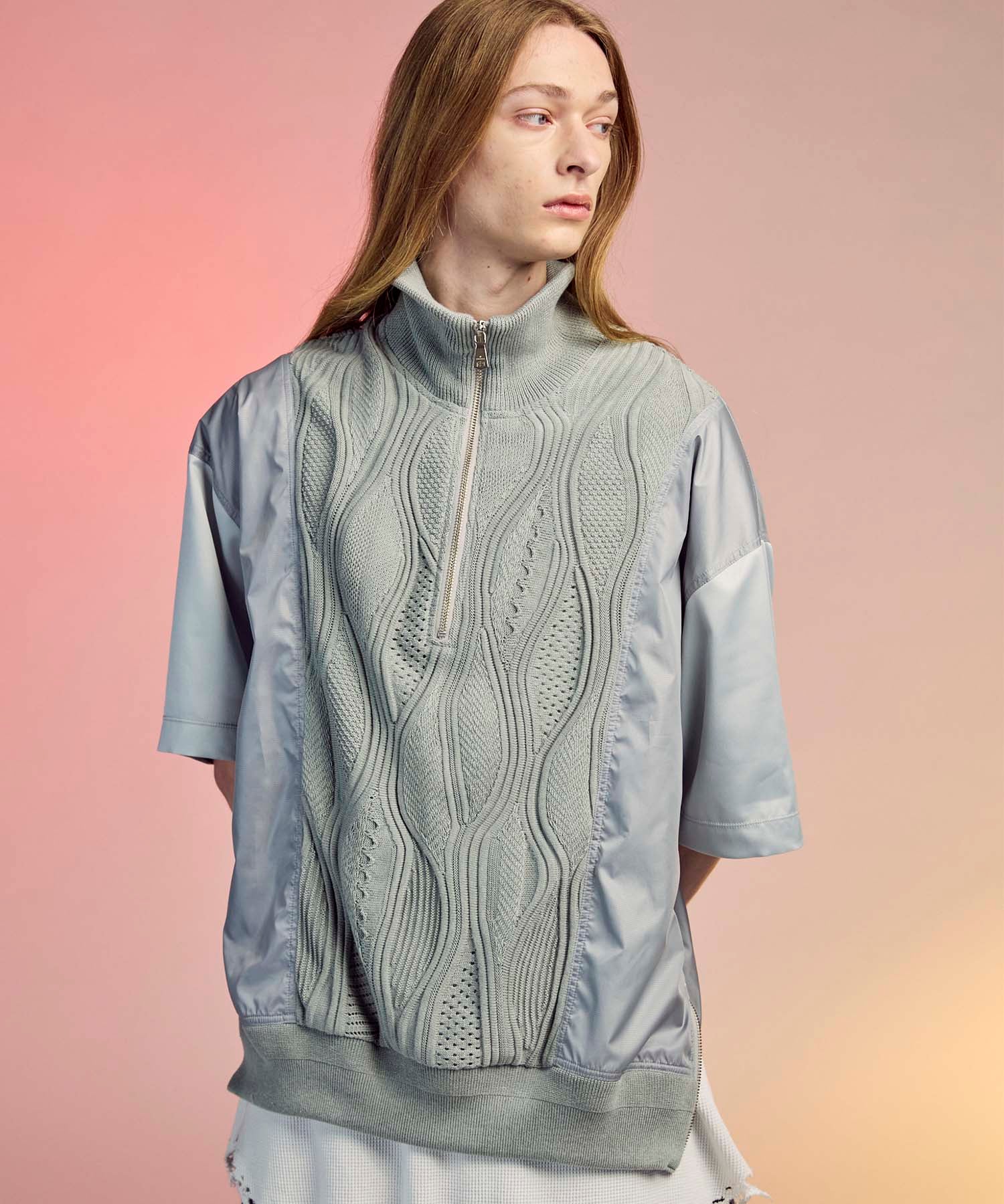 Different Material Docking Prime-Over Puckering Short Sleeve Half Zip