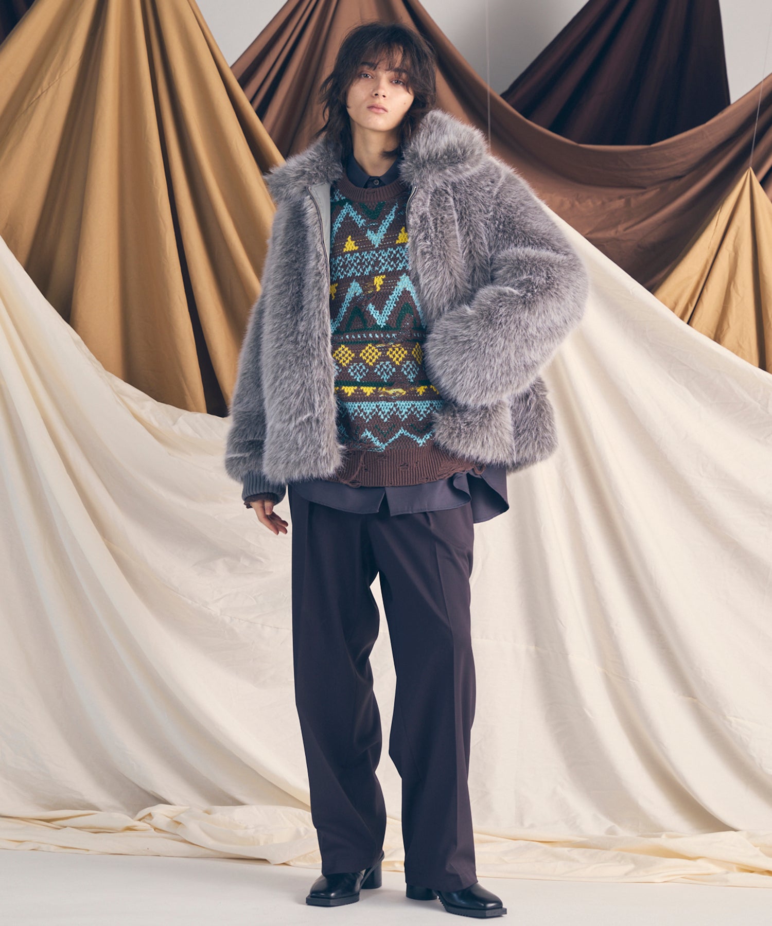 Nordic Damage Jacquard Prime-Over Crew Neck Knit Pullover