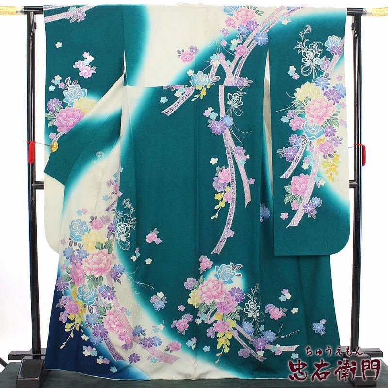 中古】 振袖 成人式 販売 単品 レディース 正絹 青緑 白 リボン 薔薇
