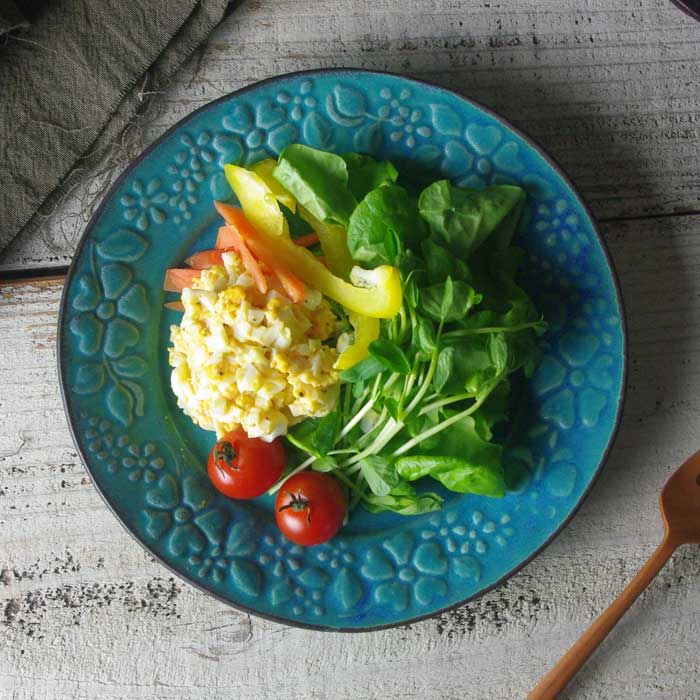 益子焼 ガーデン プレートL ターコイズ 花柄 パン皿 トースト皿 リム皿