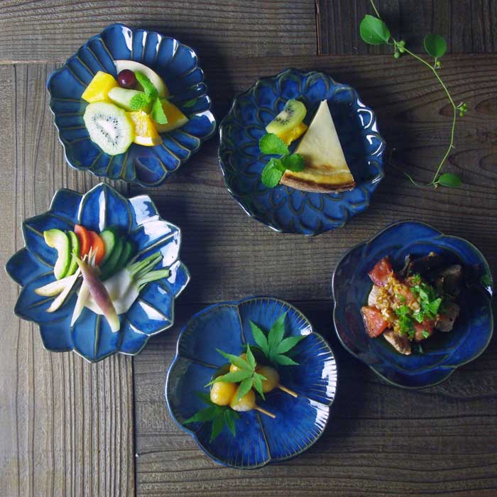 花皿5枚セット ビンテージブルー【バラ・ひなげし・ガーベラ・ユリ