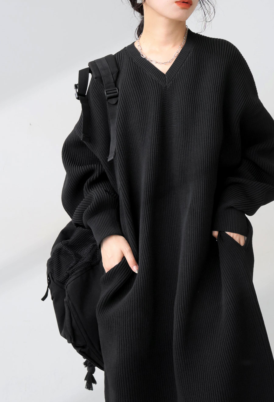 片畦編み ニットワンピース レディース ロング Vネック 送料無料