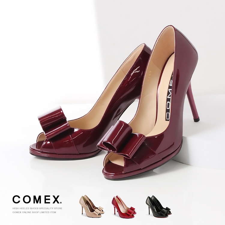 コメックス パンプス 日本製 本革 ハイヒール オープントゥ リボン