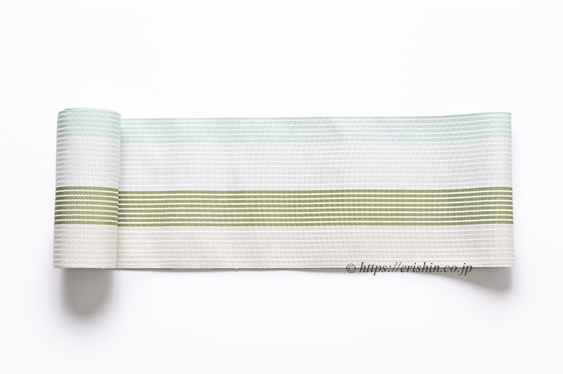 博多半幅帯（麻絹/淡い小町鼠色に松葉色と瓶覗色の縞）西村織物『着物