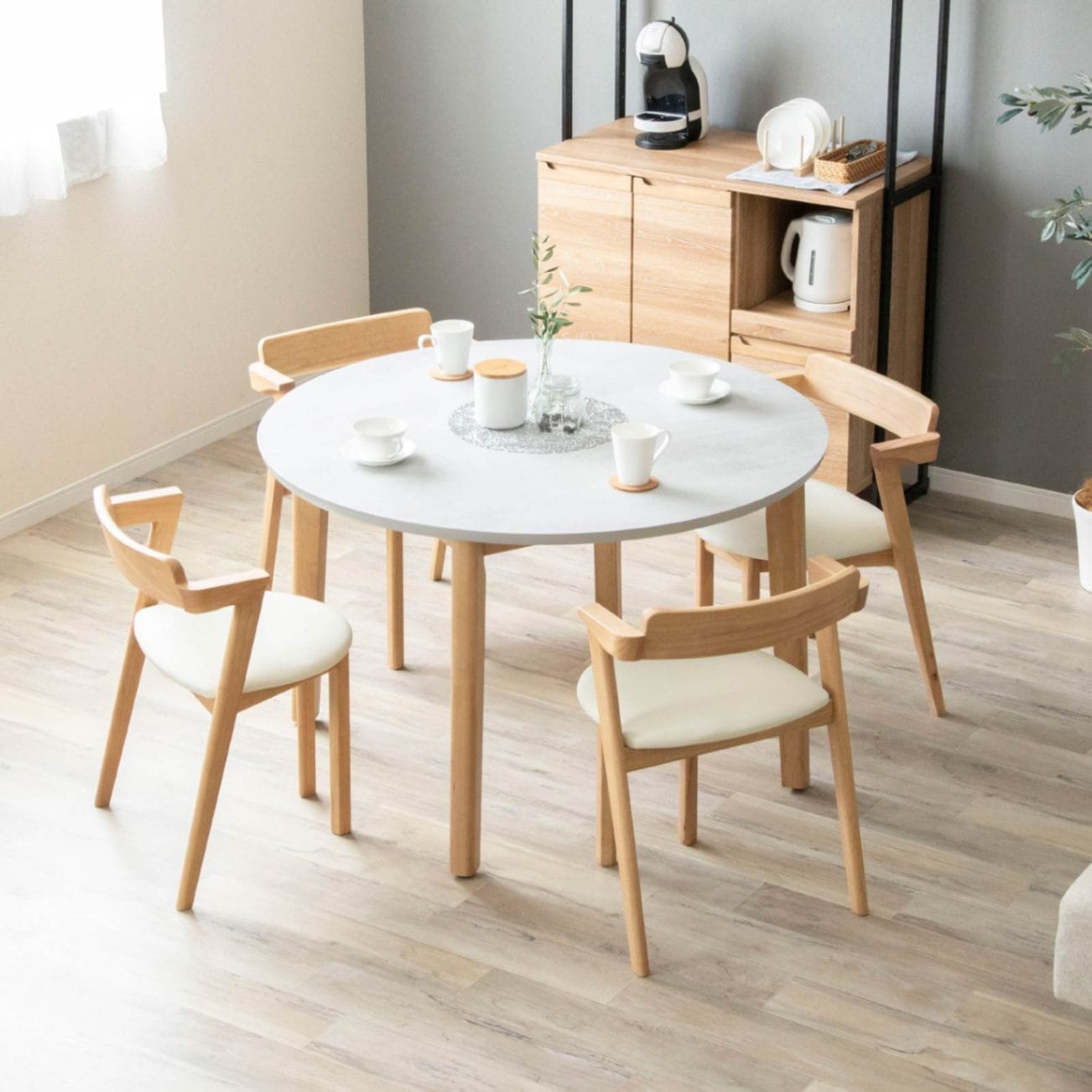 5点セット ダイニング丸テーブル チェア4脚付｜マットな質感のメラミン