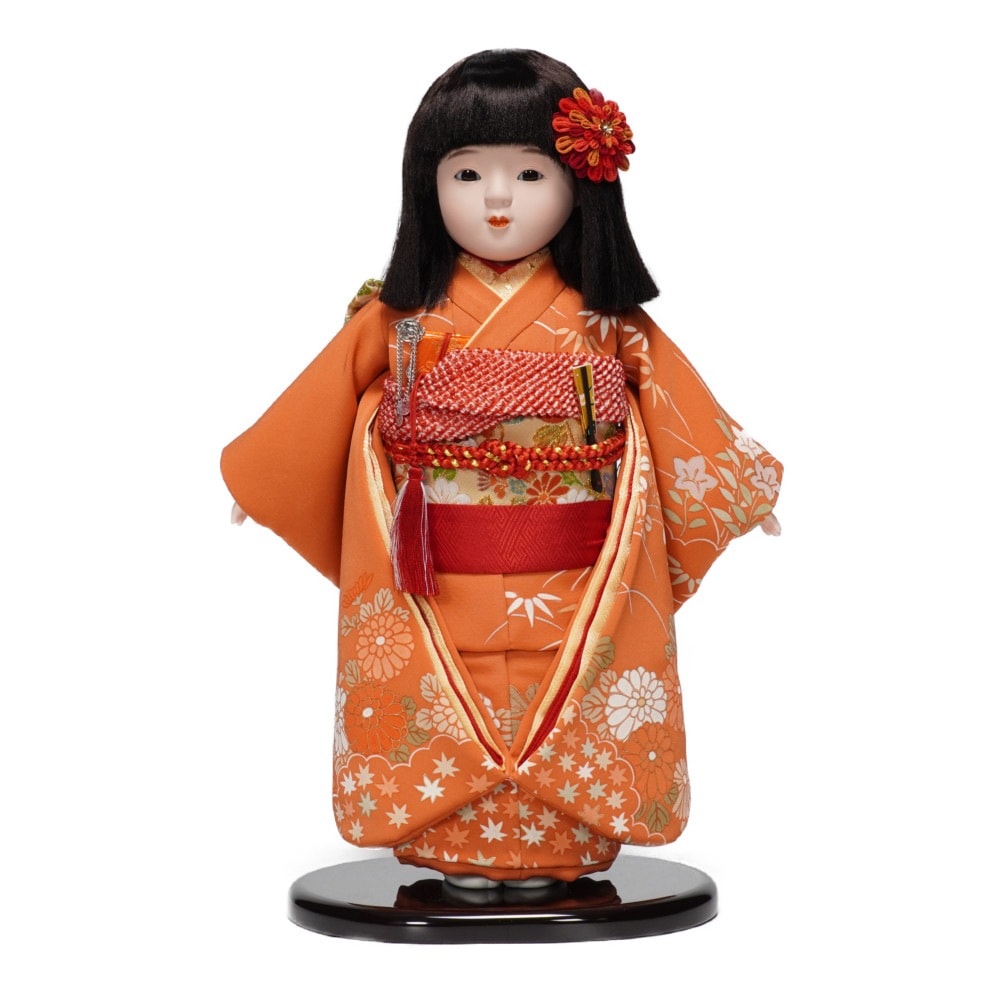 市松人形】10号 友禅(オレンジ) 菊〈小出松寿作〉※髪飾り・小物入れ