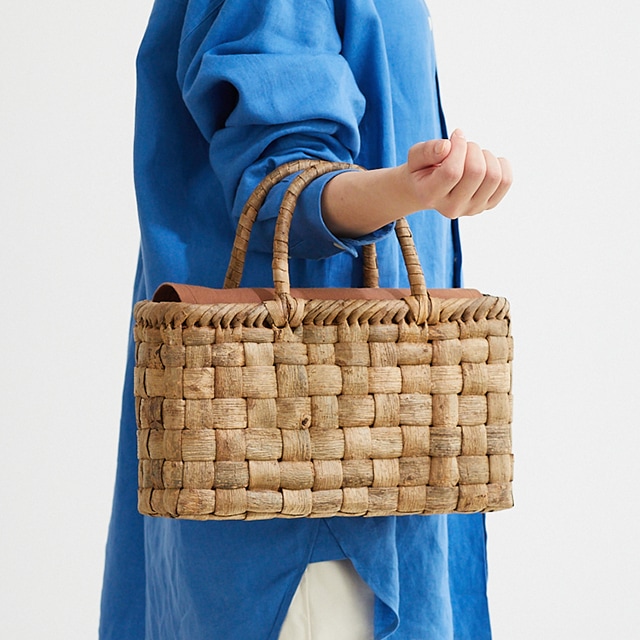 太ひごのくるみ籠(国産材/表皮/市松編み/横長/中サイズ/柿渋染ふた・内