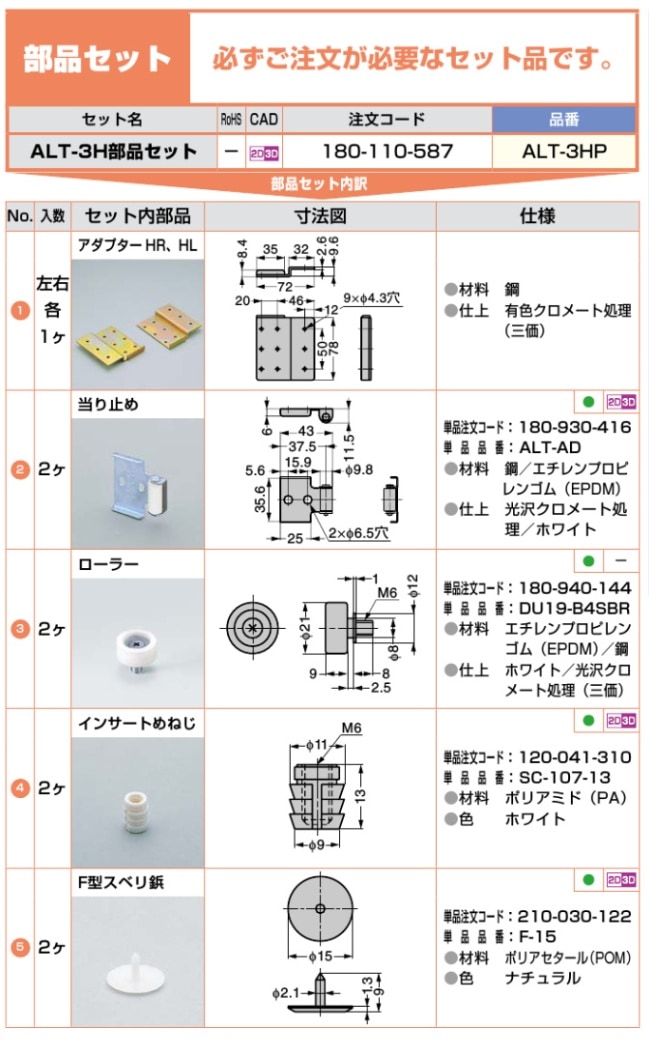 スガツネ工業/LAMP] 水平収納扉 ALT-3H 部品セット