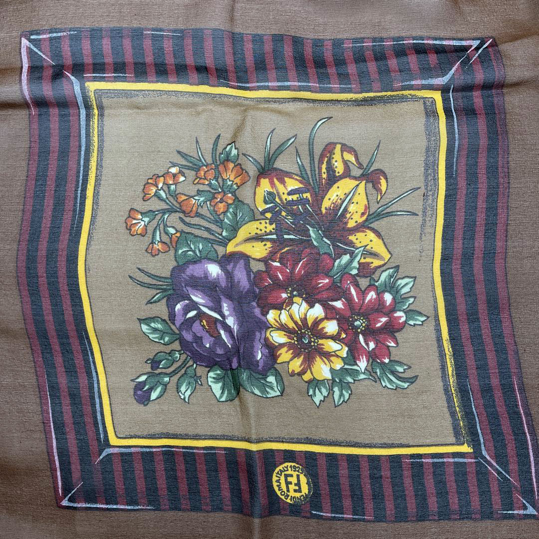 FENDI フェンディ 大判 シフォンスカーフ 花柄 135cm シルク ブラウン